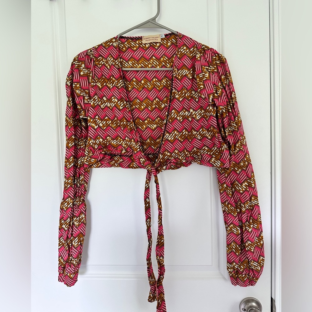 Grass-Fields African Print Long Sleeve Tie-Front Crop Top UK Size 8 (US 6)